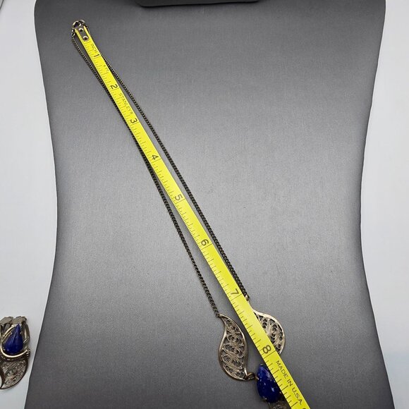 VTG West German Silver Filigree Necklace 16" Blue Glass Stone 1950s - Picture 9 of 13